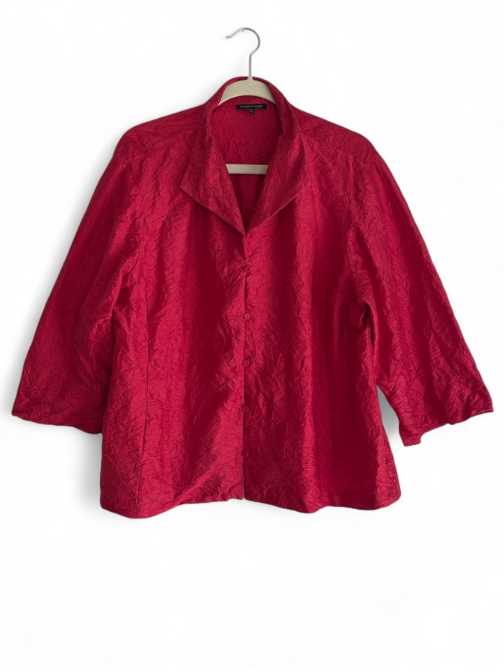 Eileen Fisher 100% Silk Red 3/4 Sleeve Crinkle Button Down Blouse Size XL
